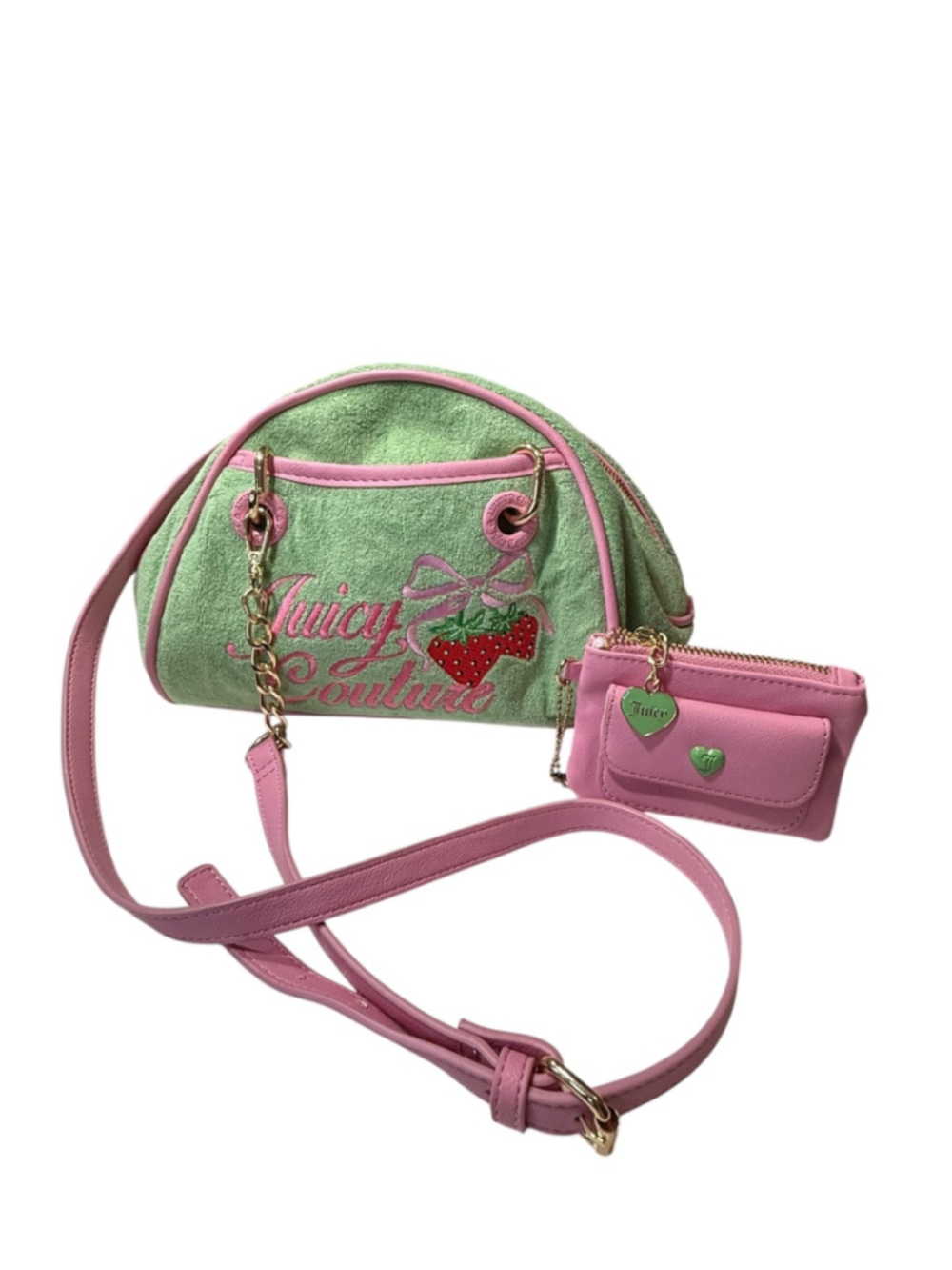 Women's Juicy Couture Crossbody Bag and Wallet Set Green Pink Strawberry